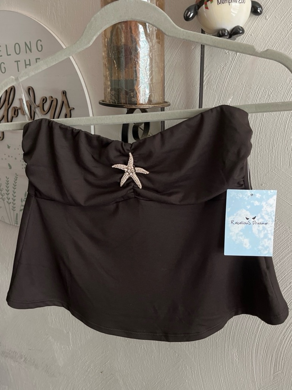 Rebellious Dreamer Women's Black Strapless Crop Top with Starfish Accent